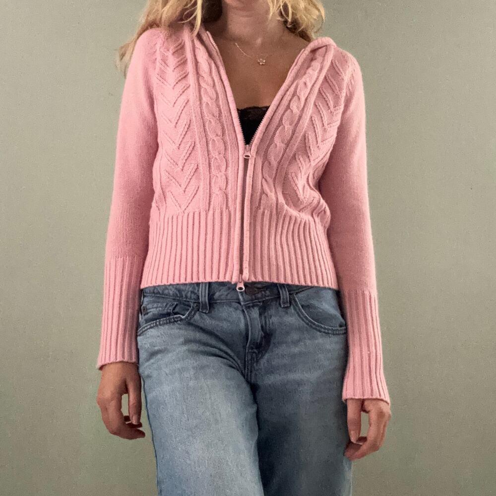 Vintage Y2k BW Sport Cable Knit Double Zipper Sweater Pastel Pink Size Small